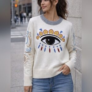 Kenzo Eye Graphic Knit Sweater Size S Cream Black Colorful Embroidered Design